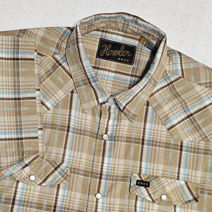 Howler Bros H Bar B Pearl Snap Shirt Men's XL Tan Blue Plaid Arrow Weave Western